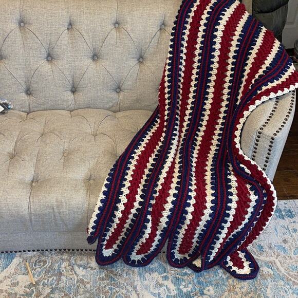 Handmade Afghan Throw Blanket Red White and Blue - Picture 1 of 4